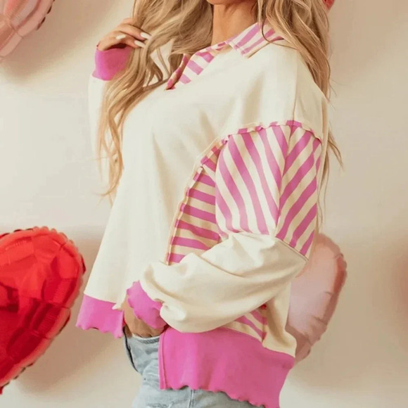 Apricot Casual Women's Lapel Knitwear Style Side Slit Striped Top - Picture 3 of 7